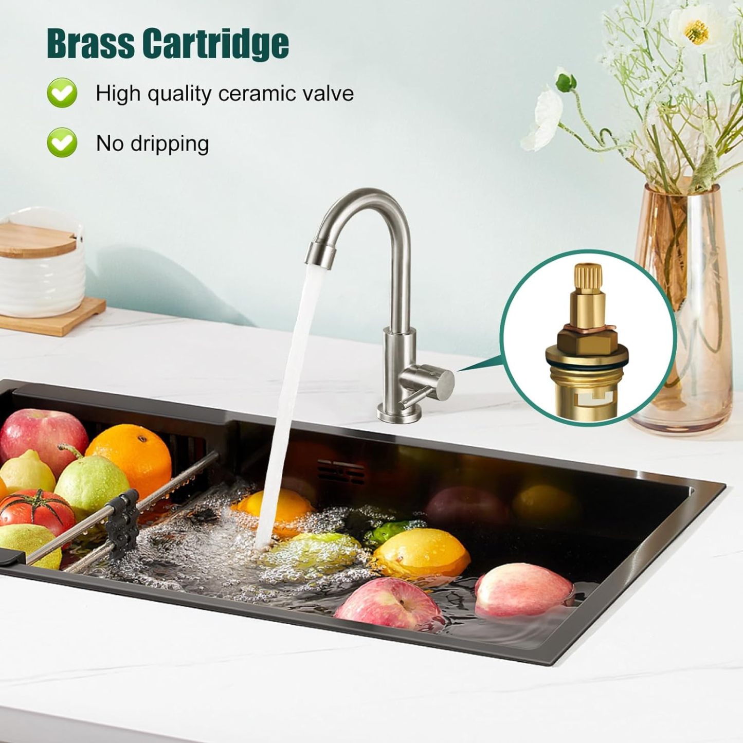 Cold Water Only Kitchen Faucet Brushed Nickel Single Handle 1 Hole 360 Degree Swivel Spout Deck Mount High Arc SUS304 Stainless Steel Sink Bar Tap Goose Neck with Hose(Drain Not Included)