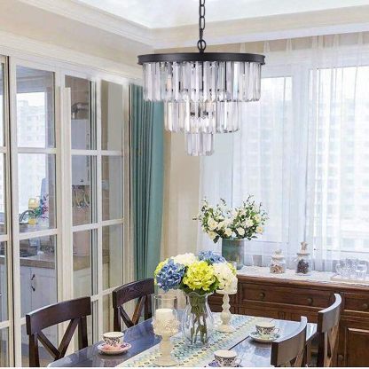 20 inch Black Crystal Chandelier, 3-Tier Contemporary Modern Bathroom Chandeliers, 7-Light Adjustable Hanging Round Ceiling Light for Bedroom, Entryway, Dining Room, Girls Room, Foyer