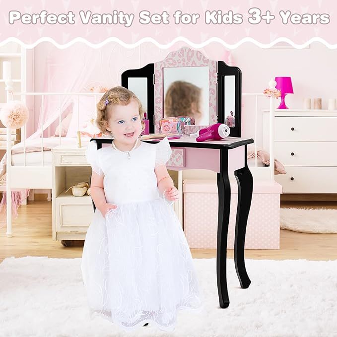 Kids Vanity, Princess Makeup Vanity Set for Little Girls, Real Glass Tri-Folding Mirror