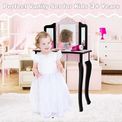 Kids Vanity, Princess Makeup Vanity Set for Little Girls, Real Glass Tri-Folding Mirror
