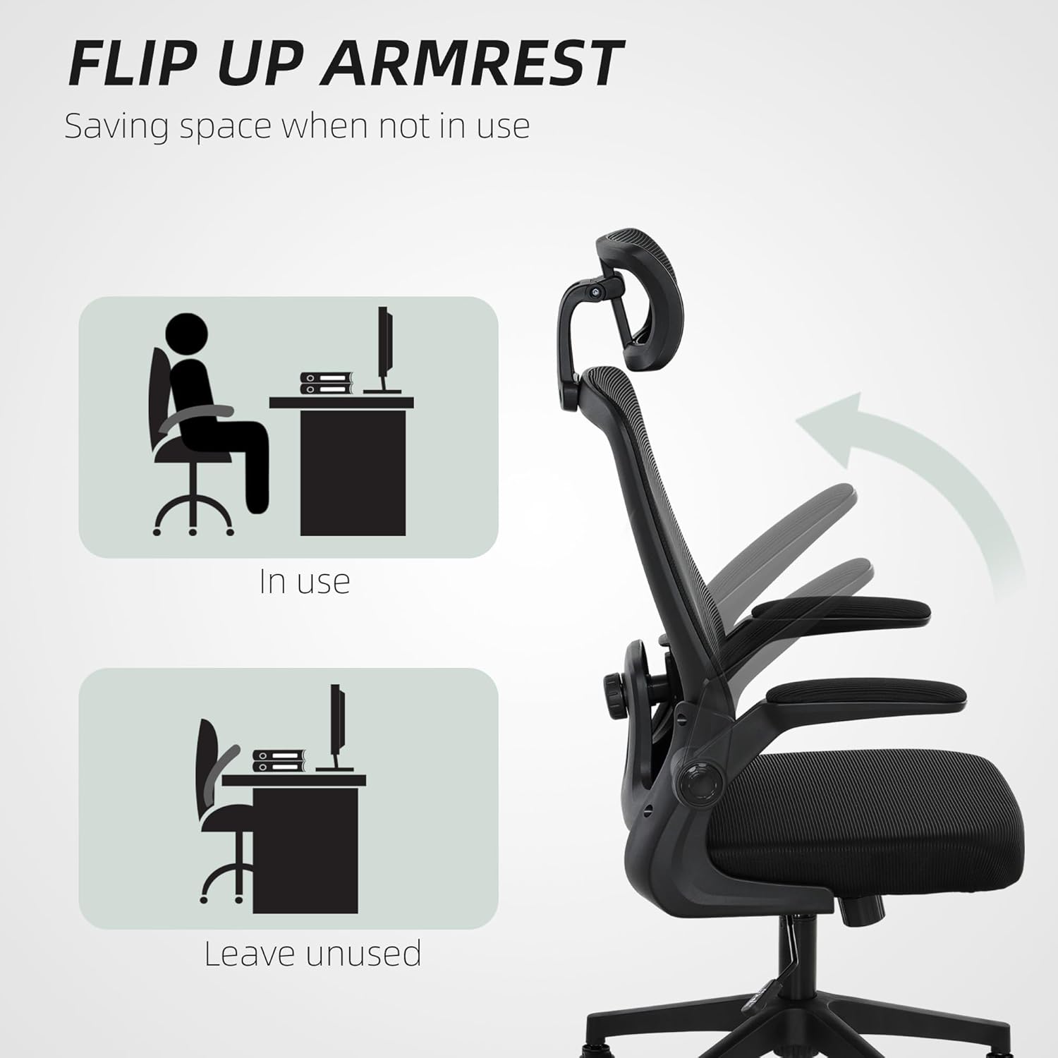 Ergonomic Office Chair, High Back Desk Chair with Flip-up Armrest, Rotatable Headrest, Tilt Function, Adjustable Lumbar Support