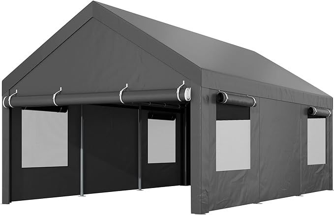 12x18.5ft Heavy Duty Carport, Portable Garage with Removable Sidewalls, Doors and Ventilated Windows