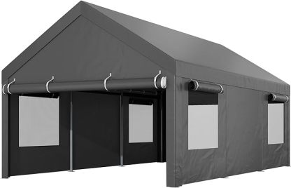 12x18.5ft Heavy Duty Carport, Portable Garage with Removable Sidewalls, Doors and Ventilated Windows