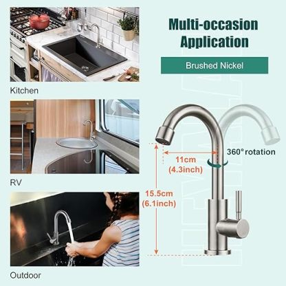 Cold Water Only Kitchen Faucet Brushed Nickel Single Handle 1 Hole 360 Degree Swivel Spout Deck Mount High Arc SUS304 Stainless Steel Sink Bar Tap Goose Neck with Hose(Drain Not Included)