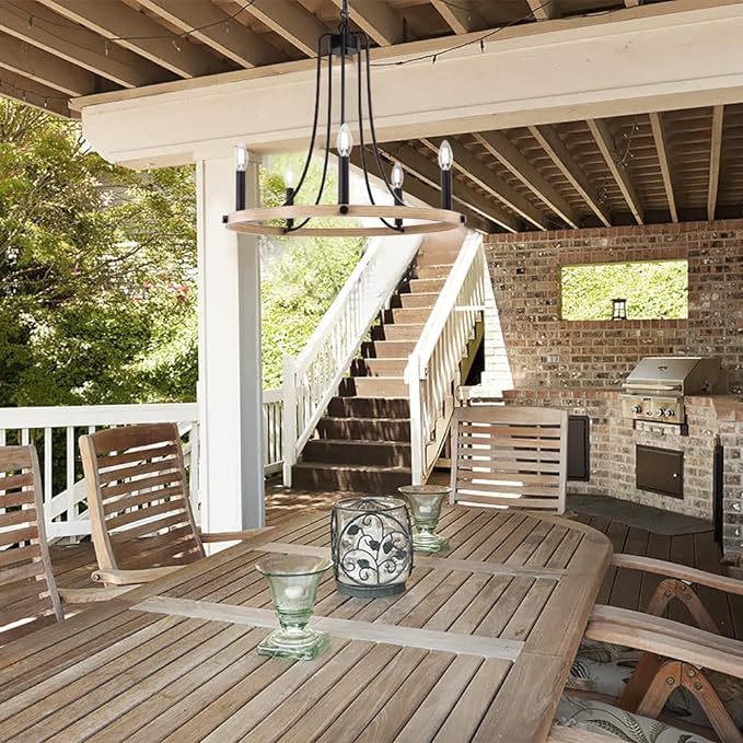 Rustic Foyer Chandeliers, 5 Lights Modern Farmhouse Candle Wagon Wheel Chandelier, 23.6" Round Hanging Ceiling Pendant Lighting