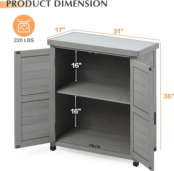 Outdoor Storage Cabinet & Potting Bench Table with Metal Top, Wooden Patio Furniture, Garden Workstation