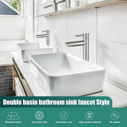 Brushed Nickel Bathroom Sink Faucet Cold Water Only Tall Body SUS304 Stainless Steel Straight Spout Single Handle One Hole Deck Mount Lavatory Faucet with Supply Water Hose(Drain Not Included)