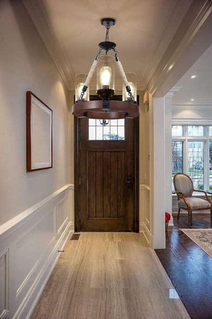 Farmhouse Chandelier, Wood Wagon Wheel Chandelier with Seeded Glass Shade, Hanging Rustic Round 3 Lights Ceiling Pendant Lighting