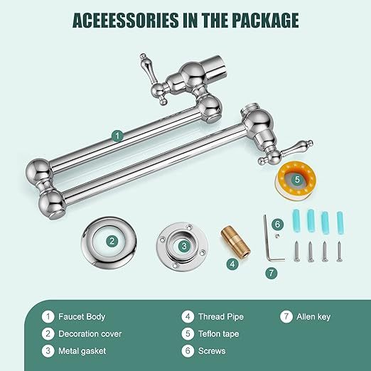 Kitchen Pot Filler Faucet Wall Mount Two Handles Single Hole Heyalan Strechable Arm Polished Chrome SUS304 Stainless Steel Double Connectors Folding Modern 360 Degrees Rotation