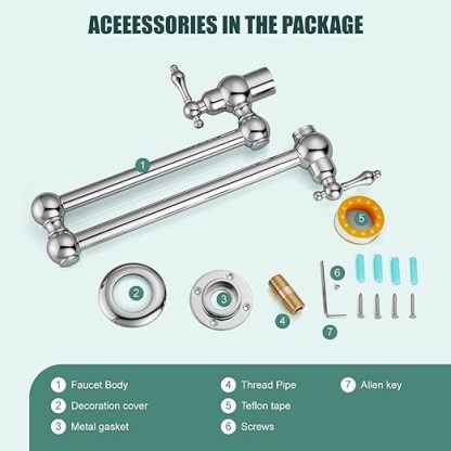 Kitchen Pot Filler Faucet Wall Mount Two Handles Single Hole Heyalan Strechable Arm Polished Chrome SUS304 Stainless Steel Double Connectors Folding Modern 360 Degrees Rotation