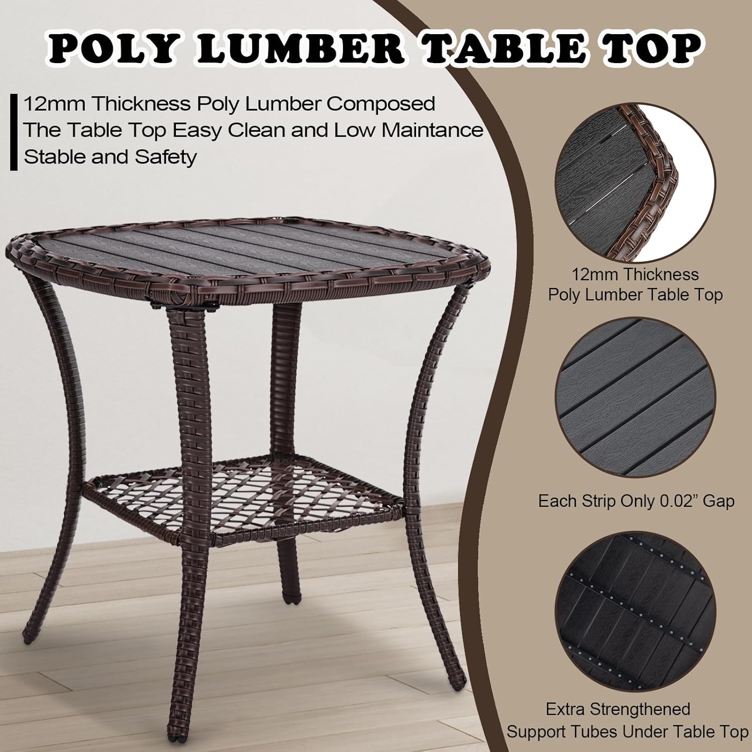 Outdoor Patio Side Table Small Brown Wicker Rattan End Table for Outside Storage