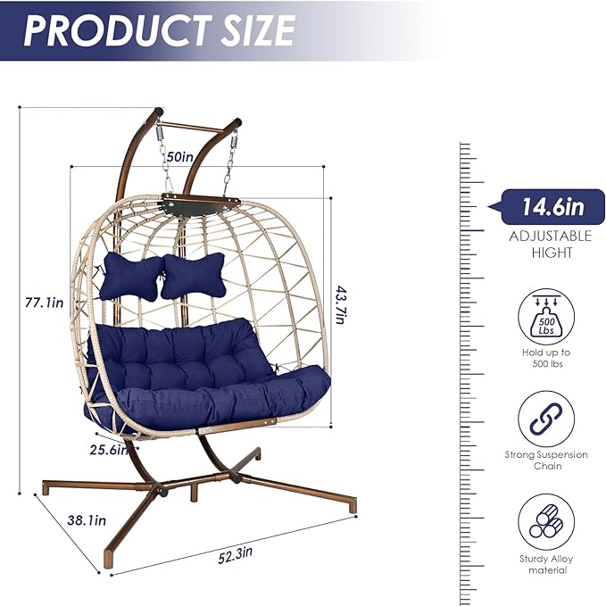 Double Egg Chair with Stand Wicker Swing Chair for 2 Person