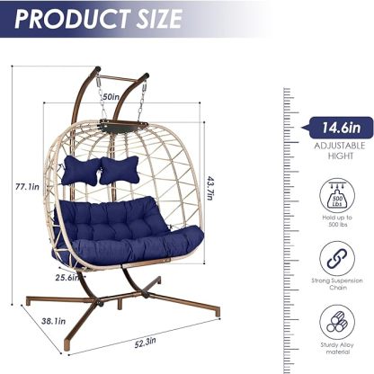 Double Egg Chair with Stand Wicker Swing Chair for 2 Person