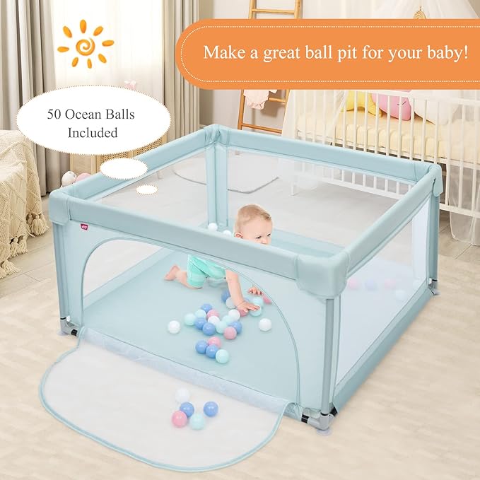 Extra Large Baby Gate Playpen w/ 50 Ocean Balls, No Gaps Infant Safety Gates with Breathable Mesh