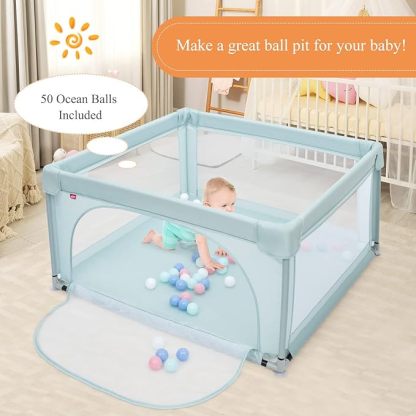 Extra Large Baby Gate Playpen w/ 50 Ocean Balls, No Gaps Infant Safety Gates with Breathable Mesh