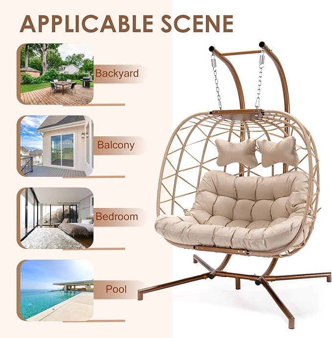 Double Egg Chair with Stand Wicker Swing Chair for 2 Person, Rattan Wicker Hanging Egg Chair