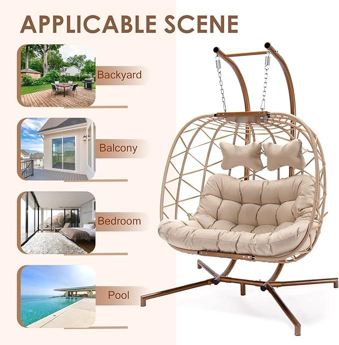 Double Egg Chair with Stand Wicker Swing Chair for 2 Person, Rattan Wicker Hanging Egg Chair