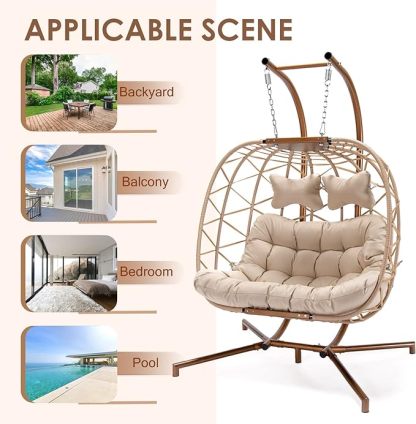 Double Egg Chair with Stand Wicker Swing Chair for 2 Person, Rattan Wicker Hanging Egg Chair