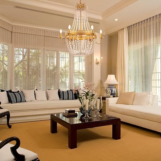 French Empire Crystal Chandelier Modern Adjustable Hanging Pendant Ceiling Mount Light Fixture for Hallway Dining Living Room Bedroom Foyer, H 38.2" x W 31.5", Gold, 6-Light, E12 Base