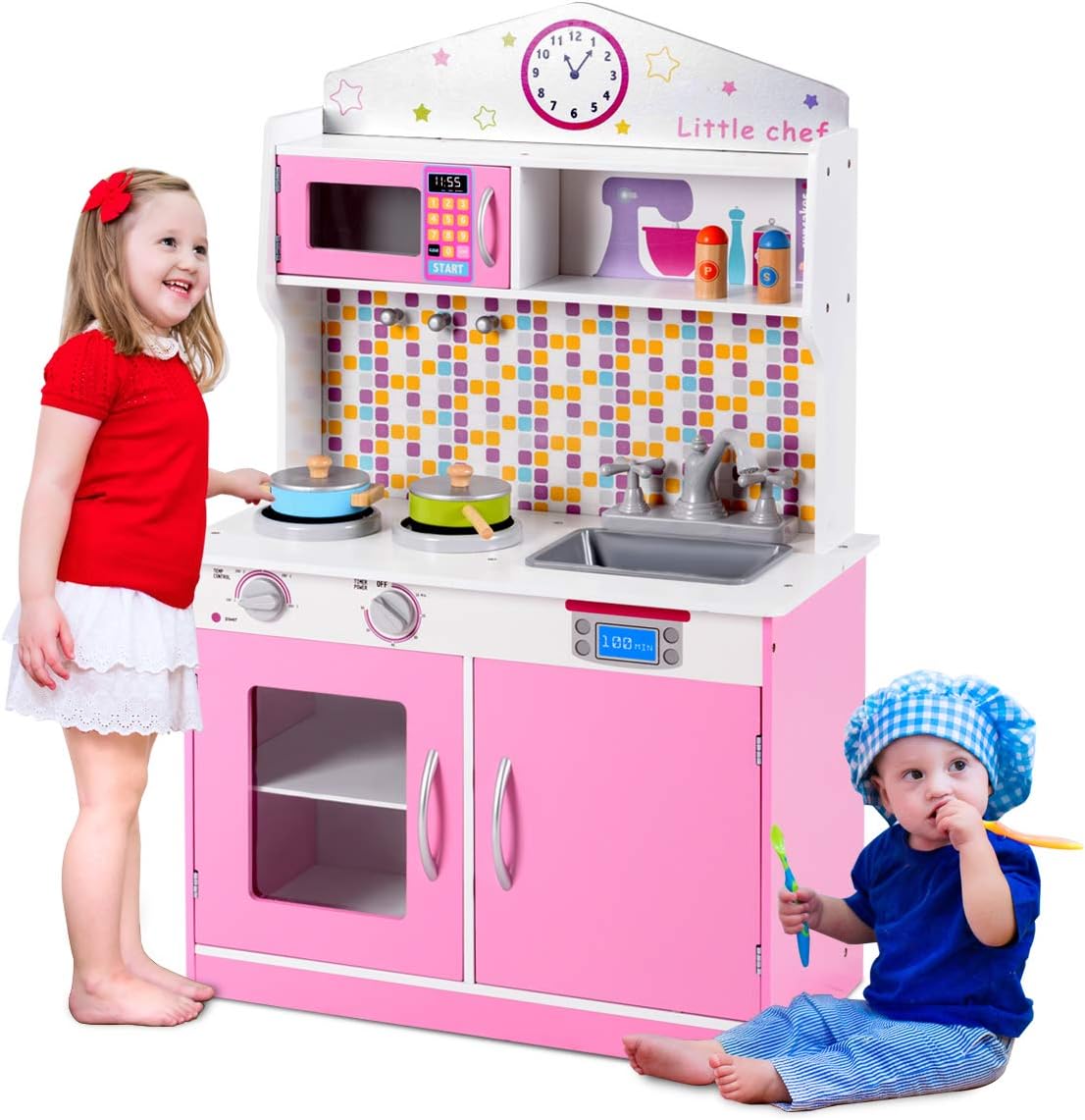 Pink Kids Kitchen Playset, Pretend Play Kitchen for Toddlers
