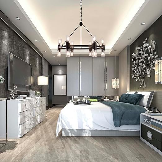 Black Farmhouse Chandelier 38 inch, 12 Lights Modern Wagon Wheel Chandeliers for Dining Room Entryway