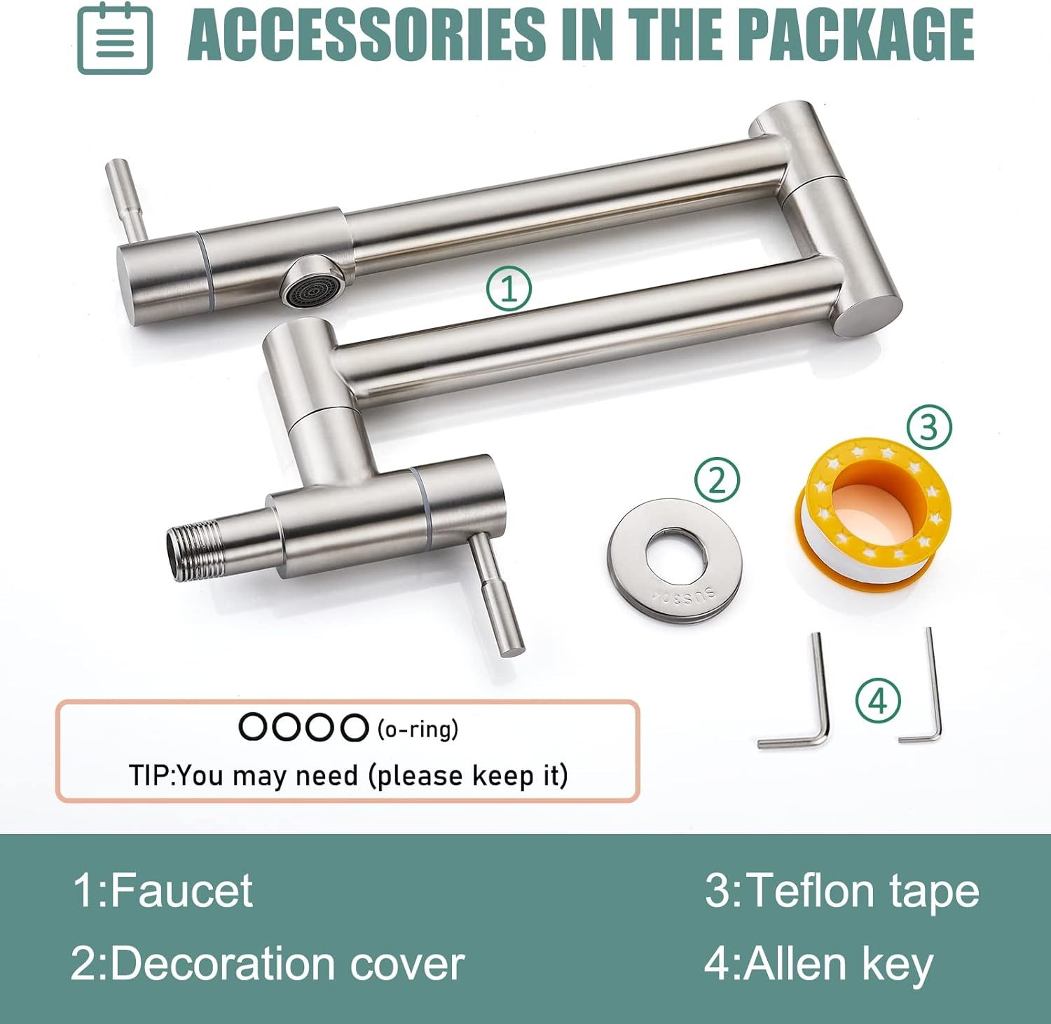 19" Pot Filler Brushed Nickel Wall Mounted Folding Stretchable Kitchen Restaurant Faucet with Double Joint Swing Arm Single Hole Two Handles Commercial NPT Stainless Steel Stove Tap