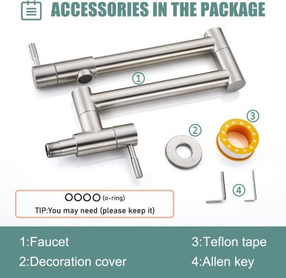 19" Pot Filler Brushed Nickel Wall Mounted Folding Stretchable Kitchen Restaurant Faucet with Double Joint Swing Arm Single Hole Two Handles Commercial NPT Stainless Steel Stove Tap