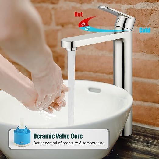 Brushed Nickel Vessel Sink Bathroom Tall Faucet One Hole Single Handle Basin Mixer Tap Lavatory Vanity Brass Pop Up Drain Included Deck Mount Modern Tall Bathroom Faucet