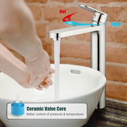 Brushed Nickel Vessel Sink Bathroom Tall Faucet One Hole Single Handle Basin Mixer Tap Lavatory Vanity Brass Pop Up Drain Included Deck Mount Modern Tall Bathroom Faucet