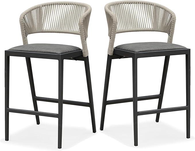Counter Height Bar Stool Set of 2 Modern Aluminum Rattan Wicker Outdoor Barstools