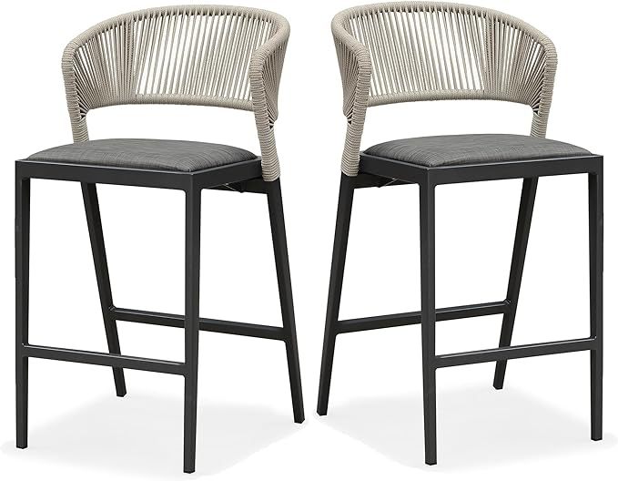 Counter Height Bar Stool Set of 2 Modern Aluminum Rattan Wicker Outdoor Barstools