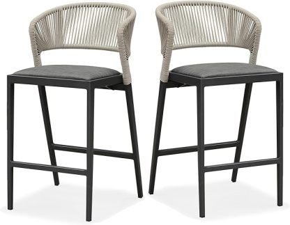 Counter Height Bar Stool Set of 2 Modern Aluminum Rattan Wicker Outdoor Barstools