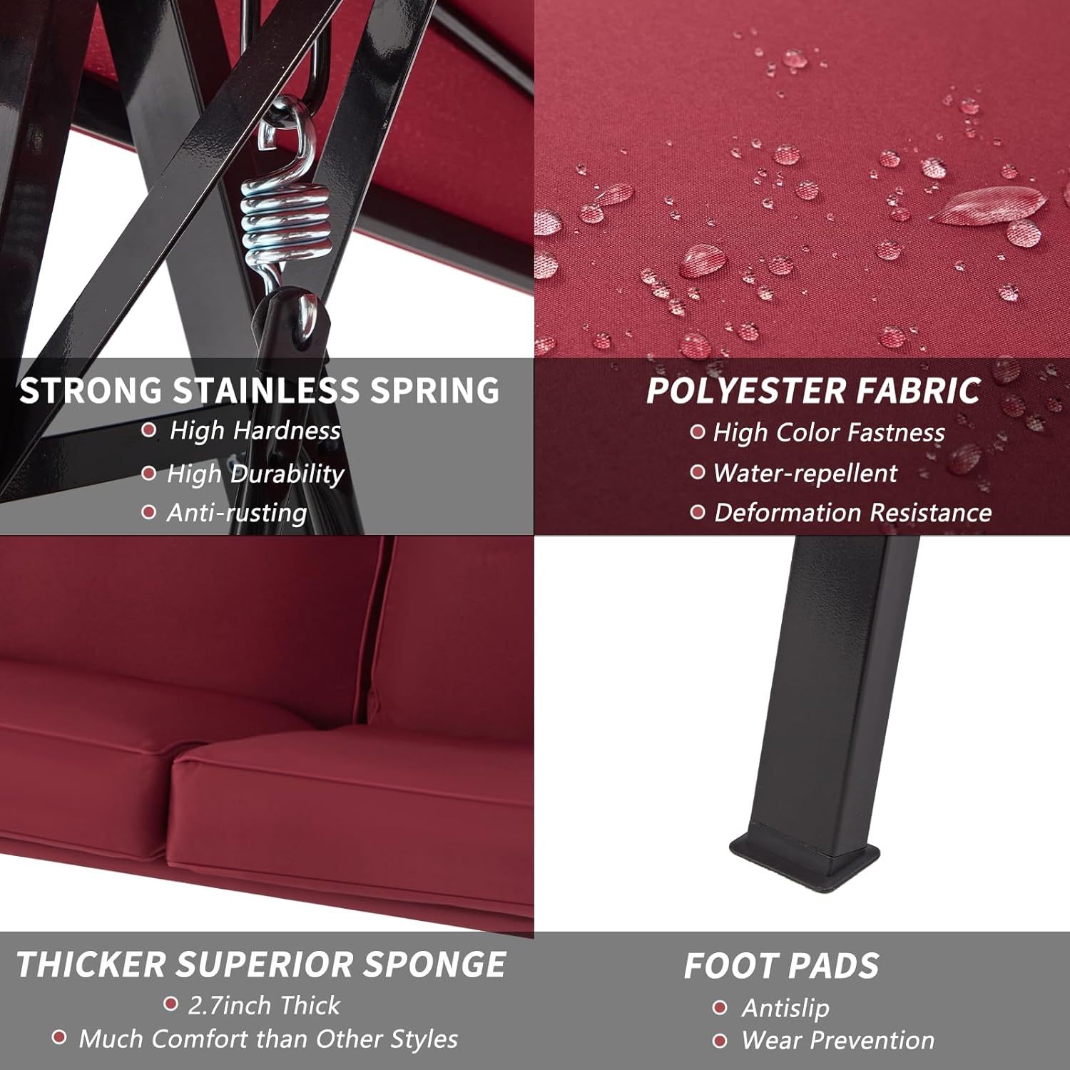 2-Seat Outdoor Patio Swing Chair, Canopy Swing with Removable Cushions & Adjustable Canopy & Steel Frame for Garden, Porch, Balcony, Backyard, Red