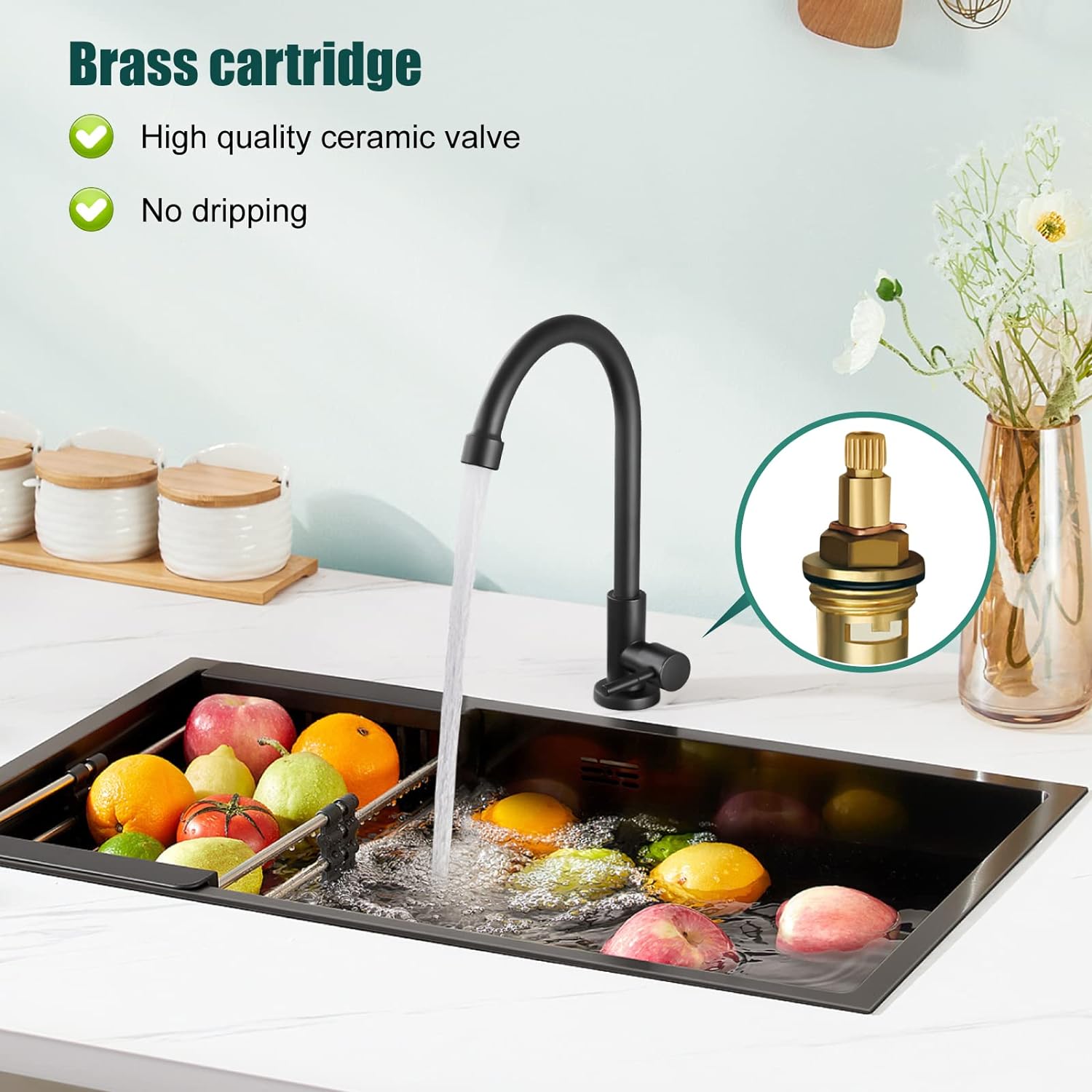 Matte Black Cold Water Only Kitchen Faucet SUS304 Sink Faucets High Arc Gooseneck 360 Degree Rotation Spout Basin Tap with Longer Thread Pipe