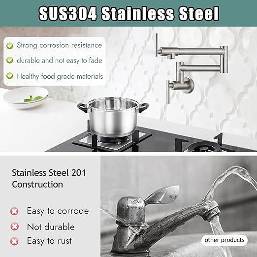 Pot Filler Faucet Wall Mounted Stainless Steel 19 Inch 304 Brushed Nickel Double Joint Swing Folding Arms with Two Handles Single Hole Commercial Kitchen Faucet Control Water