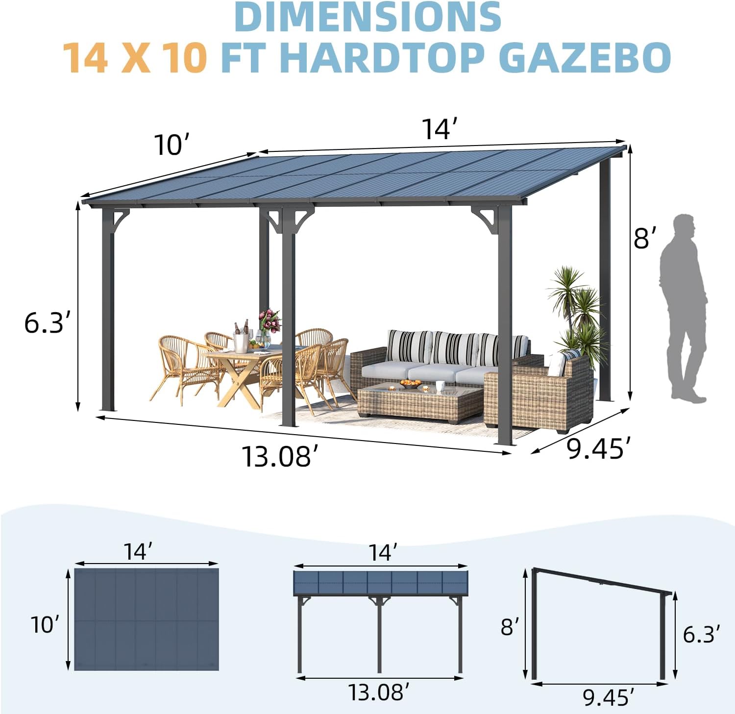 14' x 10' Gazebo for Patio, Hard Top Lean to Gazebo Pergola with Roof (140 Sq.Ft Shaded), Large Wall-Mounted Heavy Duty Awnings for Patio, Decks, Backyard and More