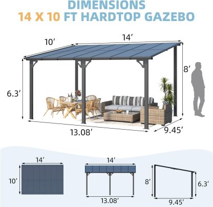 14' x 10' Gazebo for Patio, Hard Top Lean to Gazebo Pergola with Roof (140 Sq.Ft Shaded), Large Wall-Mounted Heavy Duty Awnings for Patio, Decks, Backyard and More