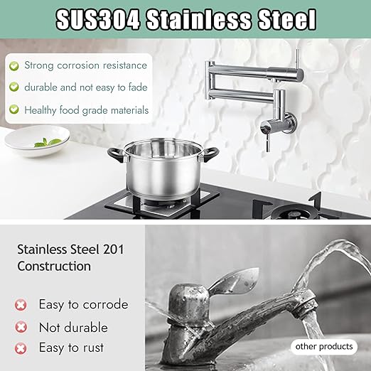 Kitchen Restaurant Faucet Polished Chrome 19 Inch Wall Mounted Folding Stretchable Double Joint Swing Arm Single Hole Two Handles Commercial NPT Stainless Steel Pot Filler