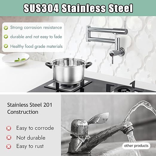 Kitchen Restaurant Faucet Polished Chrome 19 Inch Wall Mounted Folding Stretchable Double Joint Swing Arm Single Hole Two Handles Commercial NPT Stainless Steel Pot Filler