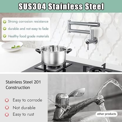 Kitchen Restaurant Faucet Polished Chrome 19 Inch Wall Mounted Folding Stretchable Double Joint Swing Arm Single Hole Two Handles Commercial NPT Stainless Steel Pot Filler