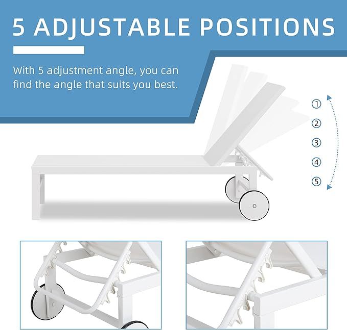 2 PCS Outdoor Chaise Lounges Chair with Wheels Aluminum Reclining Patio Lounge Chairs