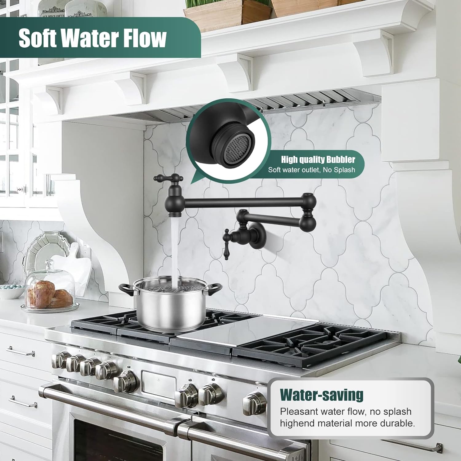 Pot Filler Kitchen Matte Black Dual Handles Wall Mount SUS304 Stainless Steel Single Hole 360 Degrees Rotation Commmercial Faucet Double Joints Modern Strechable Folding Arm Heyalan