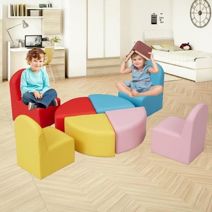 Kids Sofa Seating Set Convert to Table and 4 Chairs Colorful Stools