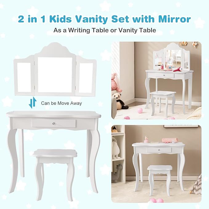 Kids Vanity Set with Mirror, 2-in-1 Wooden Toddler Vanity Table with Stool