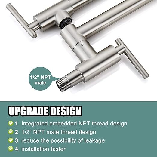 Pot Filler Faucet Wall Mounted Stainless Steel 19 Inch 304 Brushed Nickel Double Joint Swing Folding Arms with Two Handles Single Hole Commercial Kitchen Faucet Control Water