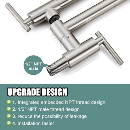 Pot Filler Faucet Wall Mounted Stainless Steel 19 Inch 304 Brushed Nickel Double Joint Swing Folding Arms with Two Handles Single Hole Commercial Kitchen Faucet Control Water