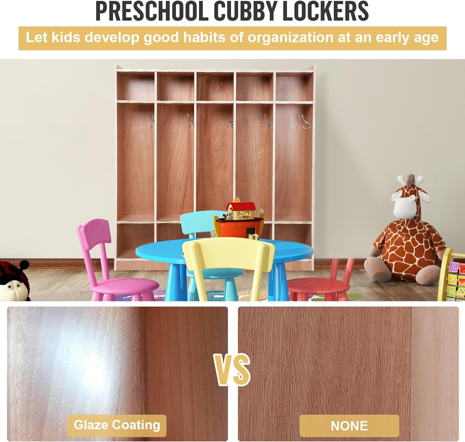 5-Section Classroom Coat Locker Glazed Finished, 10 Cubbies for Classrooms