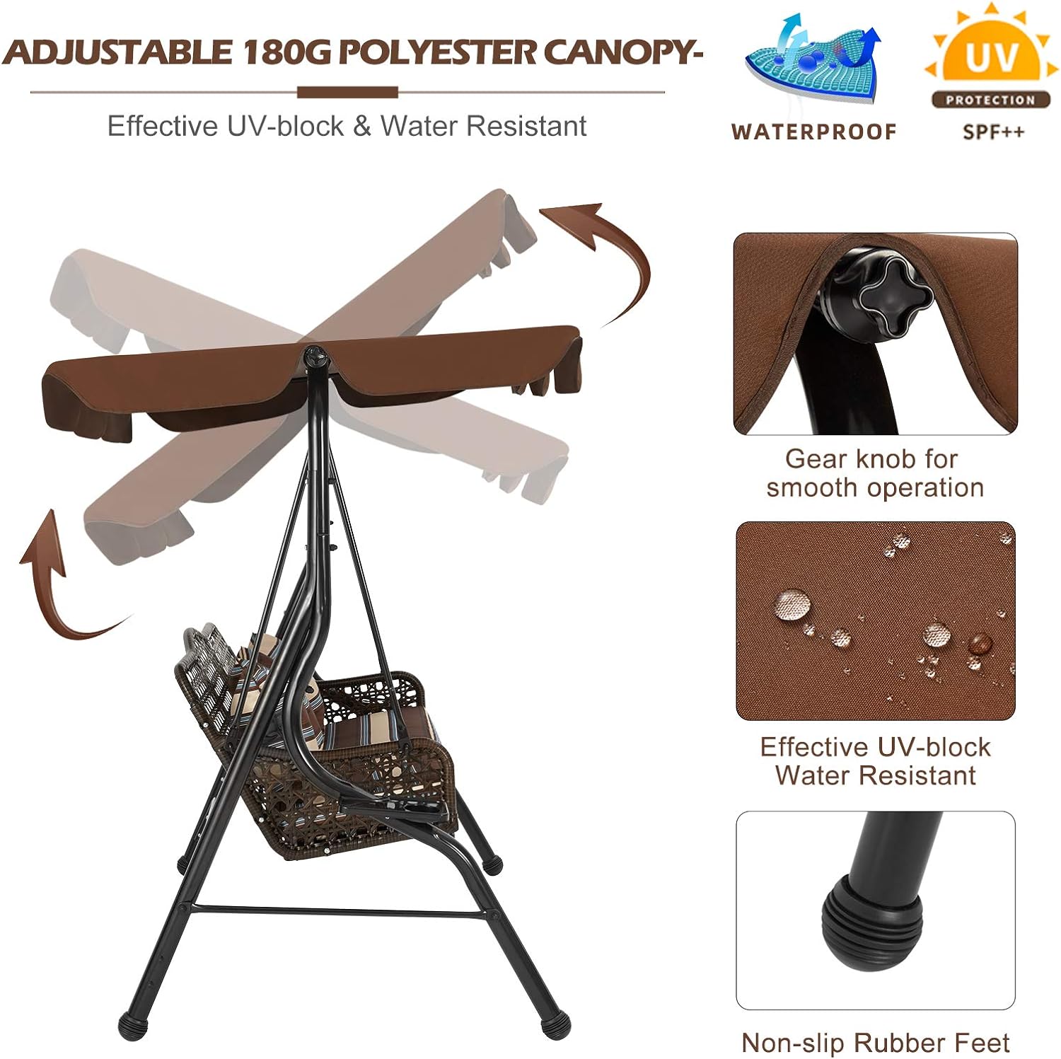 3-Seat Outdoor Patio Swing Chair, Large Converting Canopy Porch Swing Glider, Hammock Lounge Chair for Porch, Rattan Wicker Steel Frame Cushion & Pillow, Brown