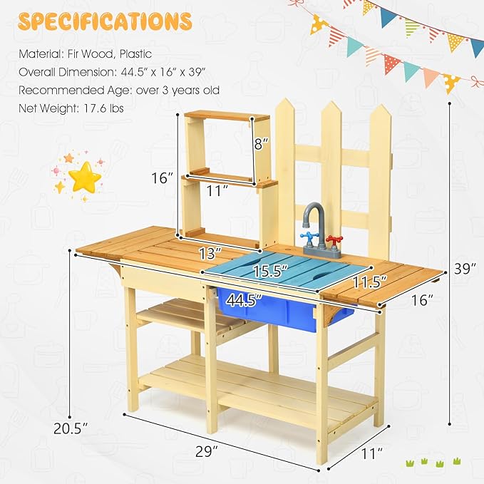 Indoor Outdoor Wooden Pretend Play Toy Kitchen with Removable Sink