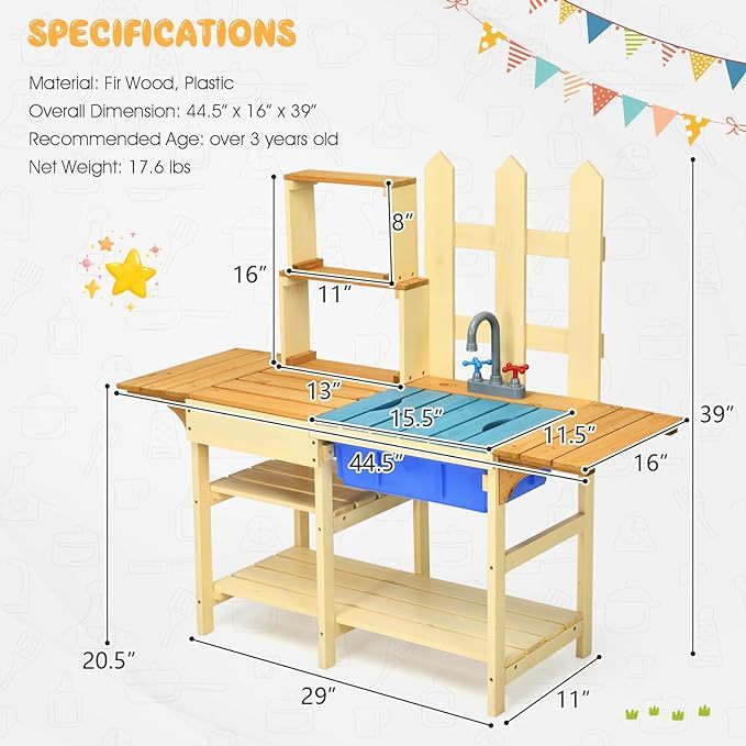 Indoor Outdoor Wooden Pretend Play Toy Kitchen with Removable Sink